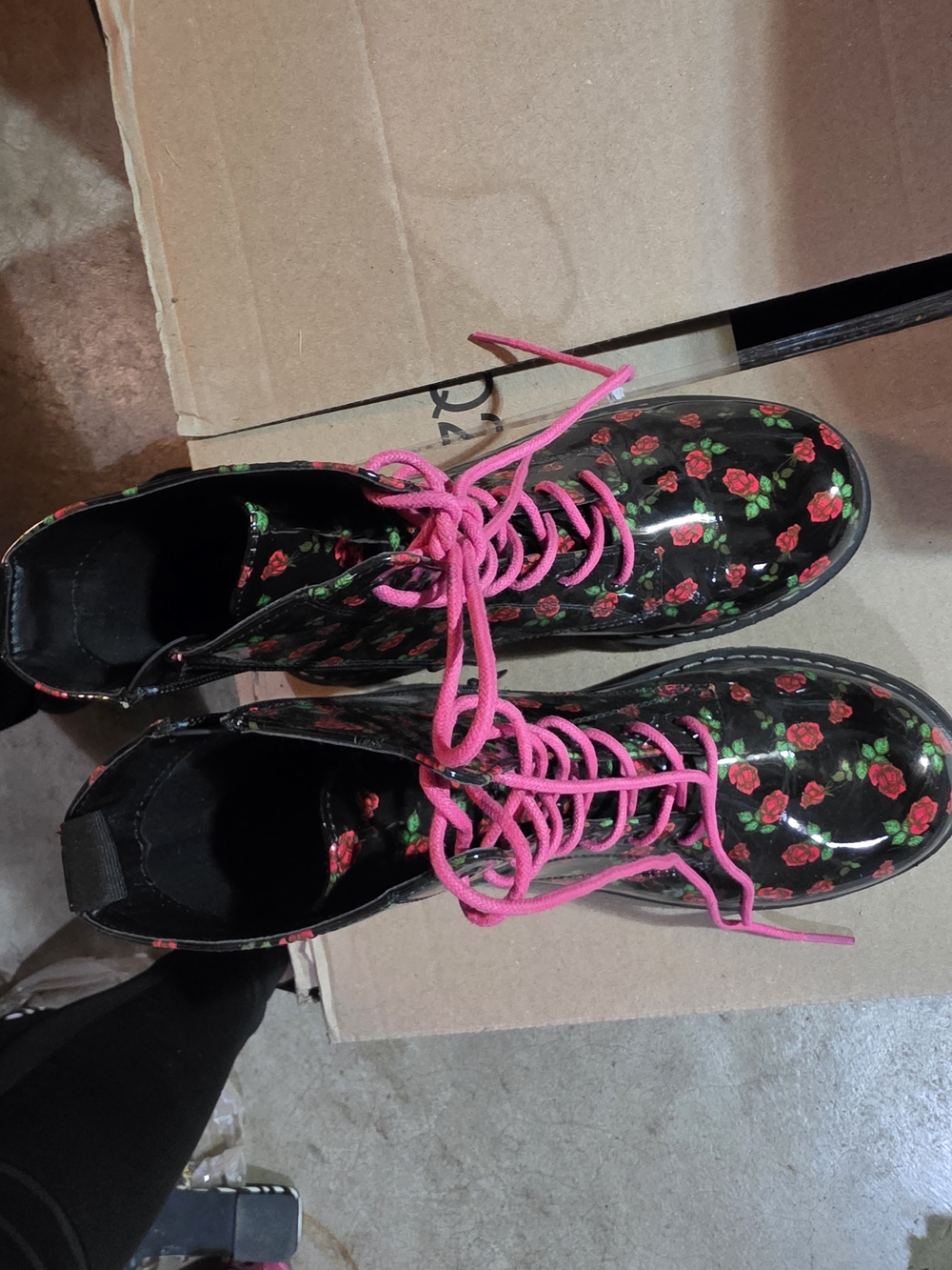 Floral Lace-Up Combat Boots - Black with Pink Rose Print